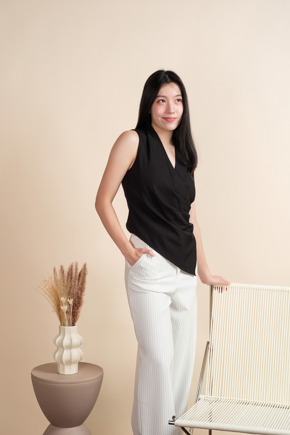 Sleeveless Draped Ruched Blouse - Black - Image 16