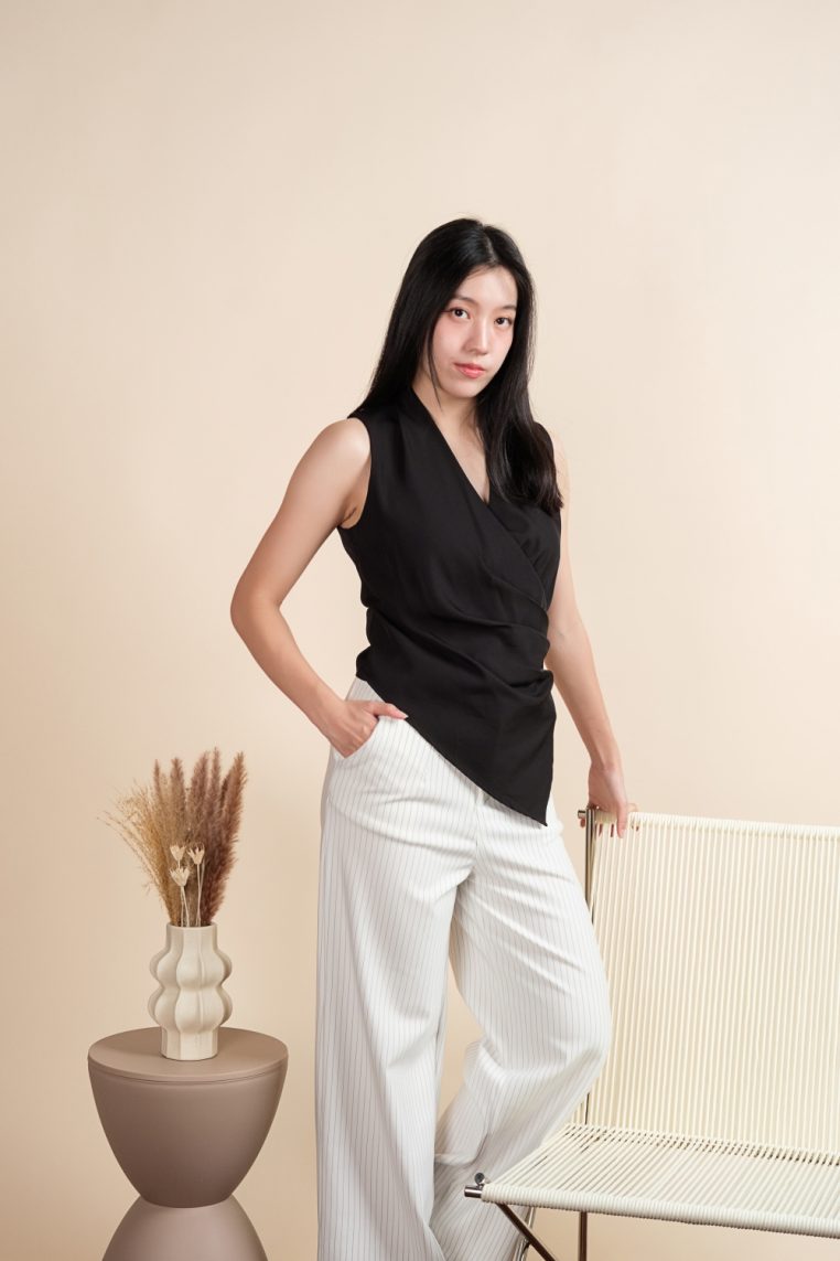 Sleeveless Draped Ruched Blouse - Black