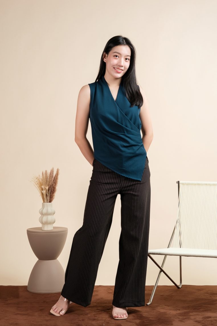 Sleeveless Draped Ruched Blouse - Emerald Green