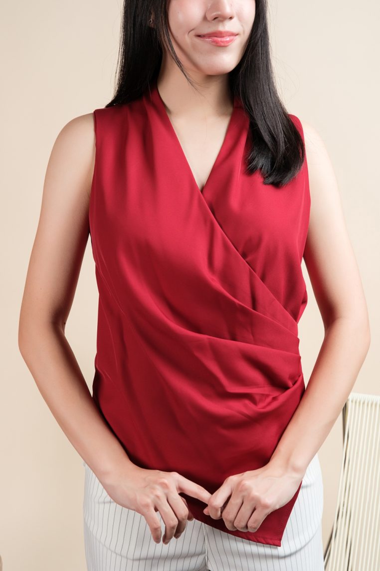 Sleeveless Draped Ruched Blouse - Maroon - Image 12
