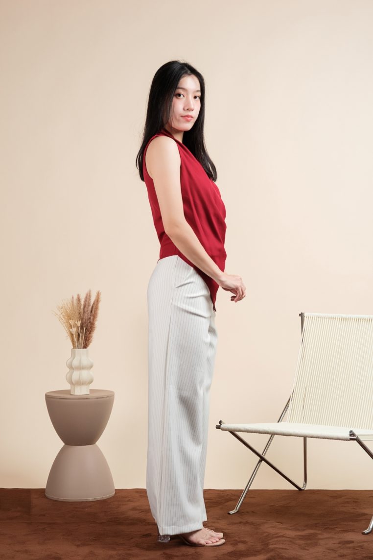 Sleeveless Draped Ruched Blouse - Maroon - Image 8