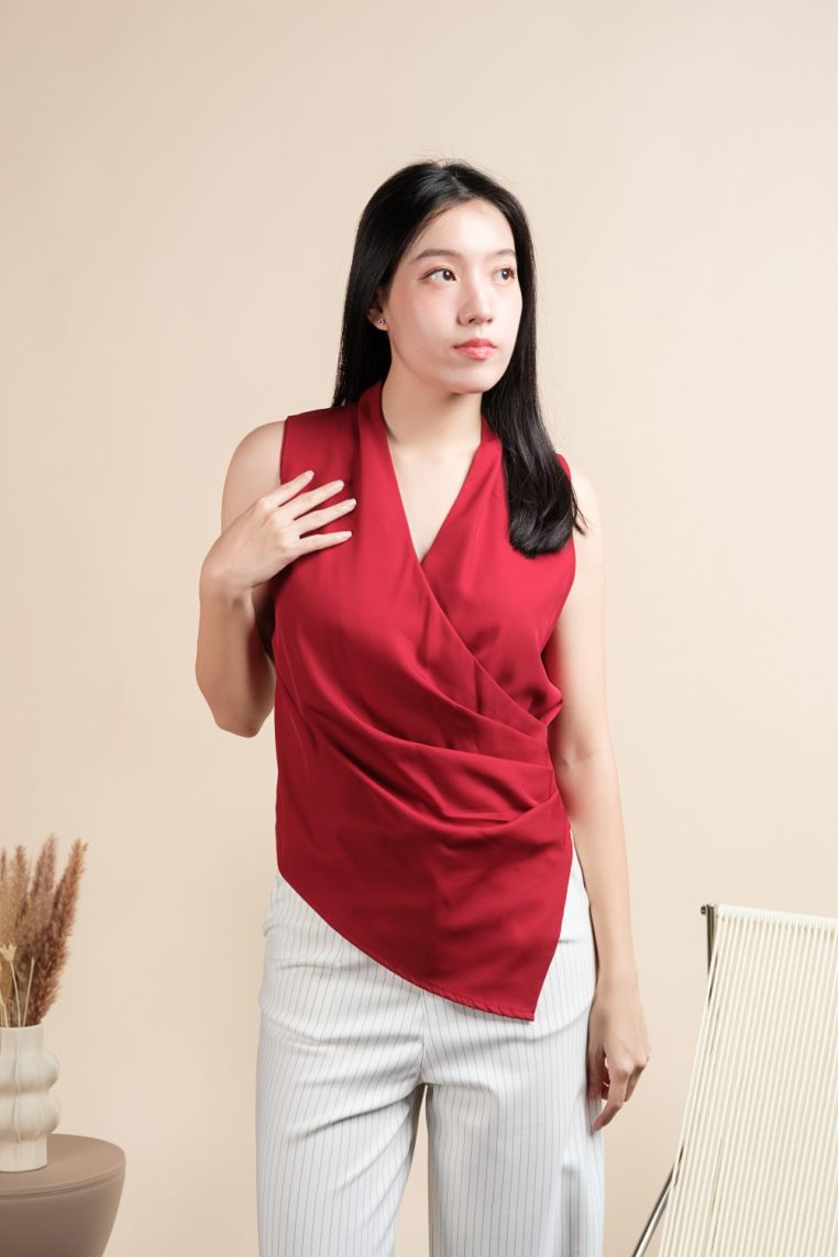 Sleeveless Draped Ruched Blouse - Maroon - Image 10