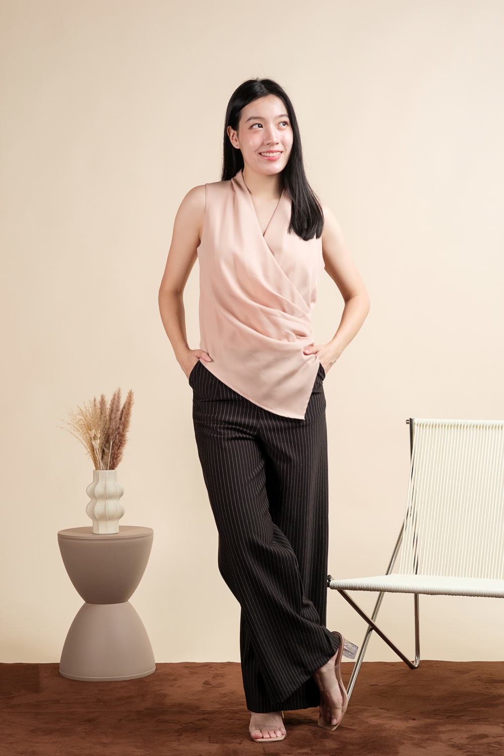 Sleeveless Draped Ruched Blouse - Peach Blush