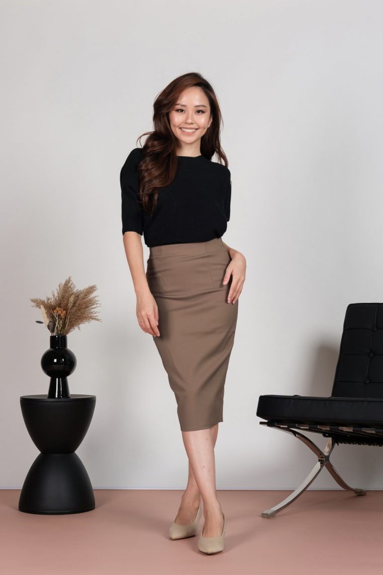 High Waist Knee Length Pencil Skirt - Dark Taupe