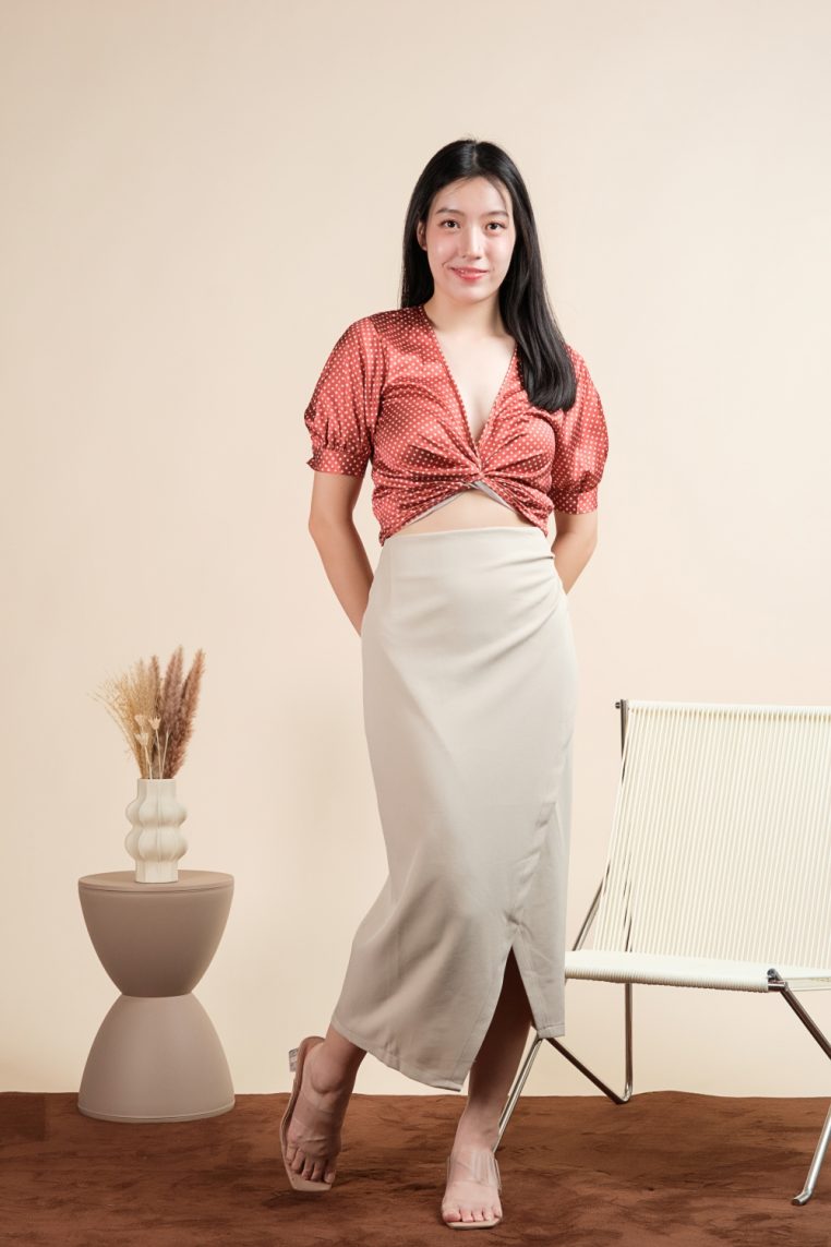 Short Sleeve Polka Dot Satin Wrap Top - Image 4