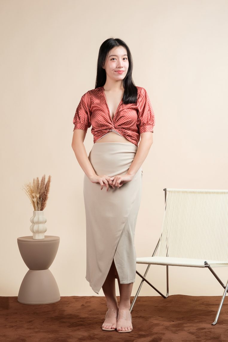 Short Sleeve Polka Dot Satin Wrap Top - Image 6