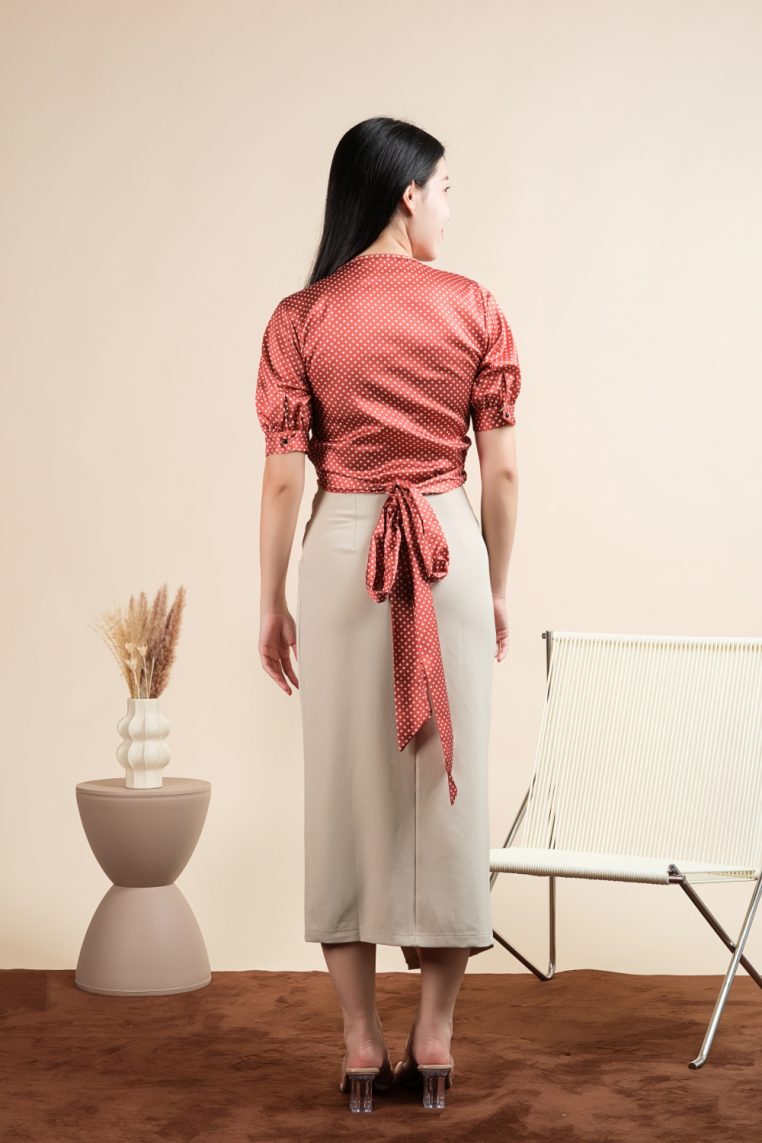 Short Sleeve Polka Dot Satin Wrap Top - Image 9