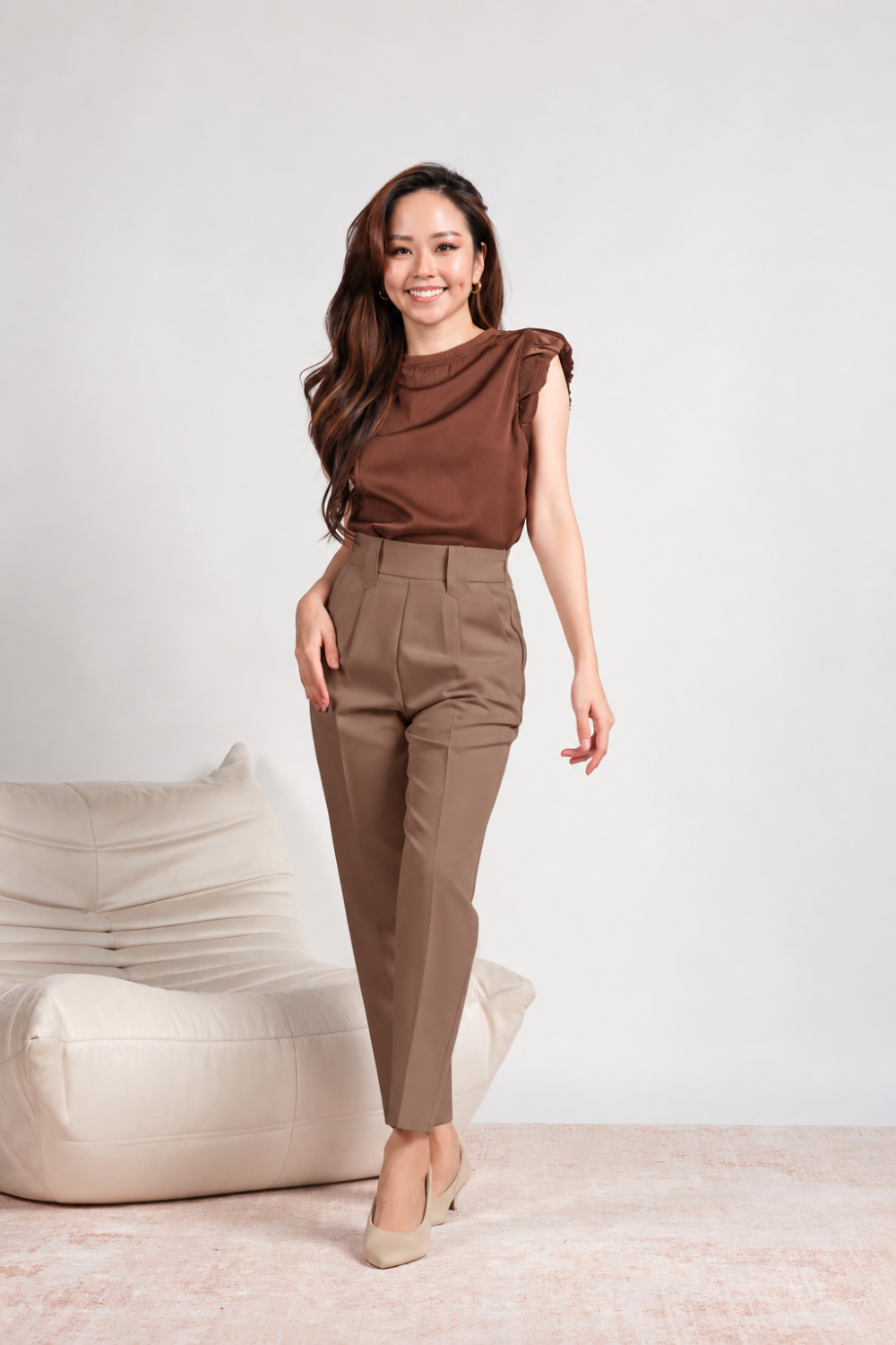Wide Belt Loop Crop Pants - Light Brown