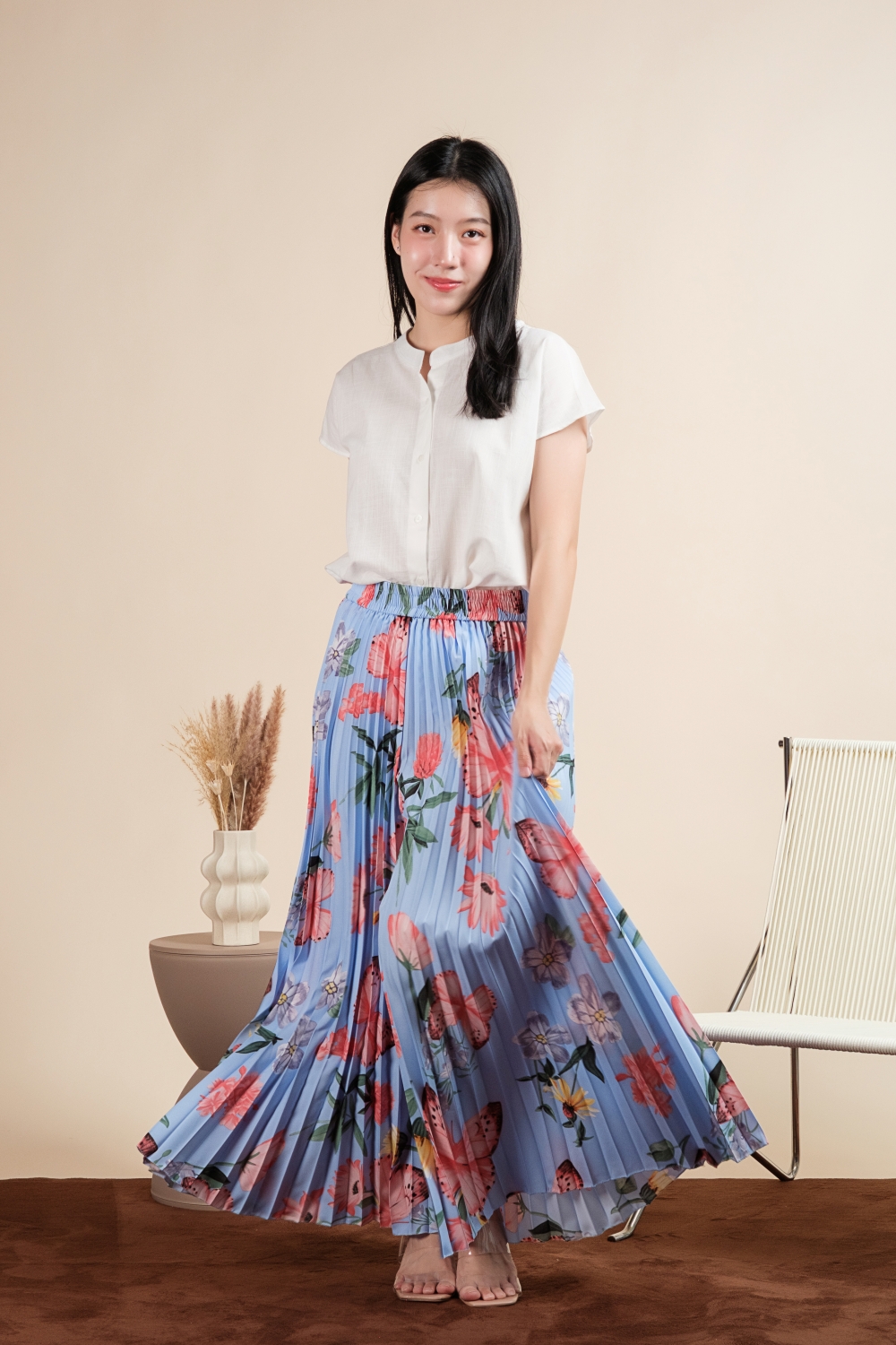 Butterfly Print Pleated Pants - Blue