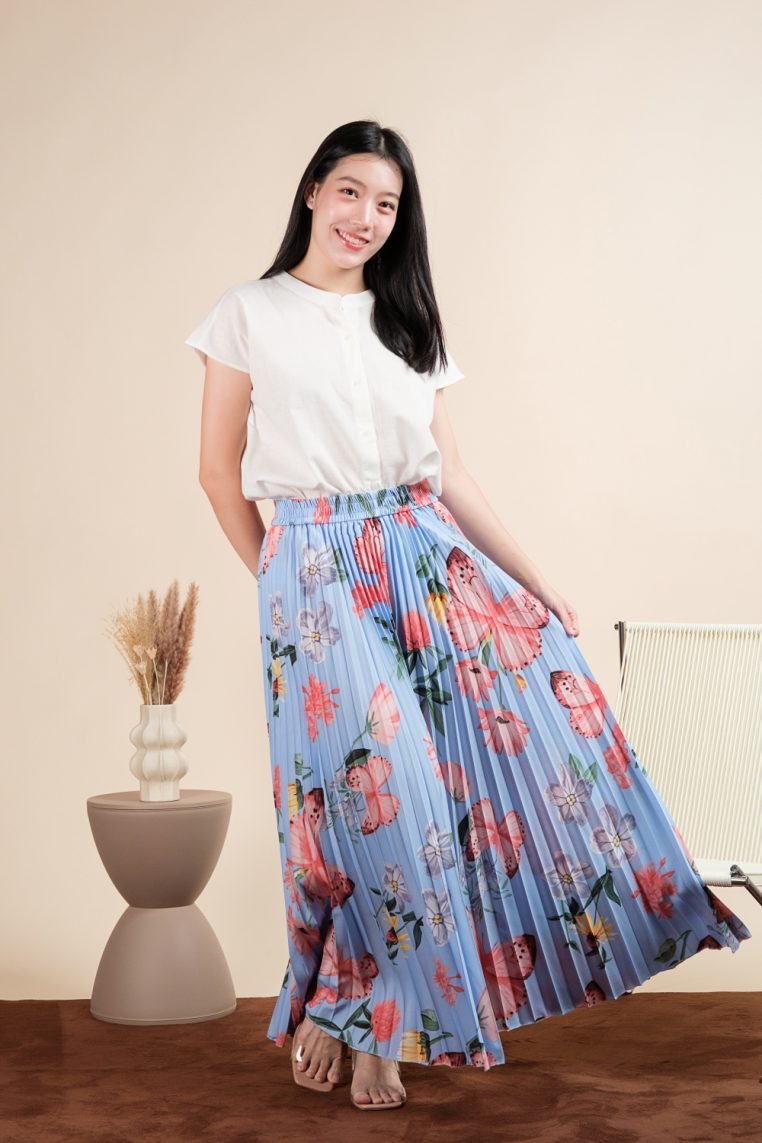 Butterfly Print Pleated Pants - Blue - Image 3