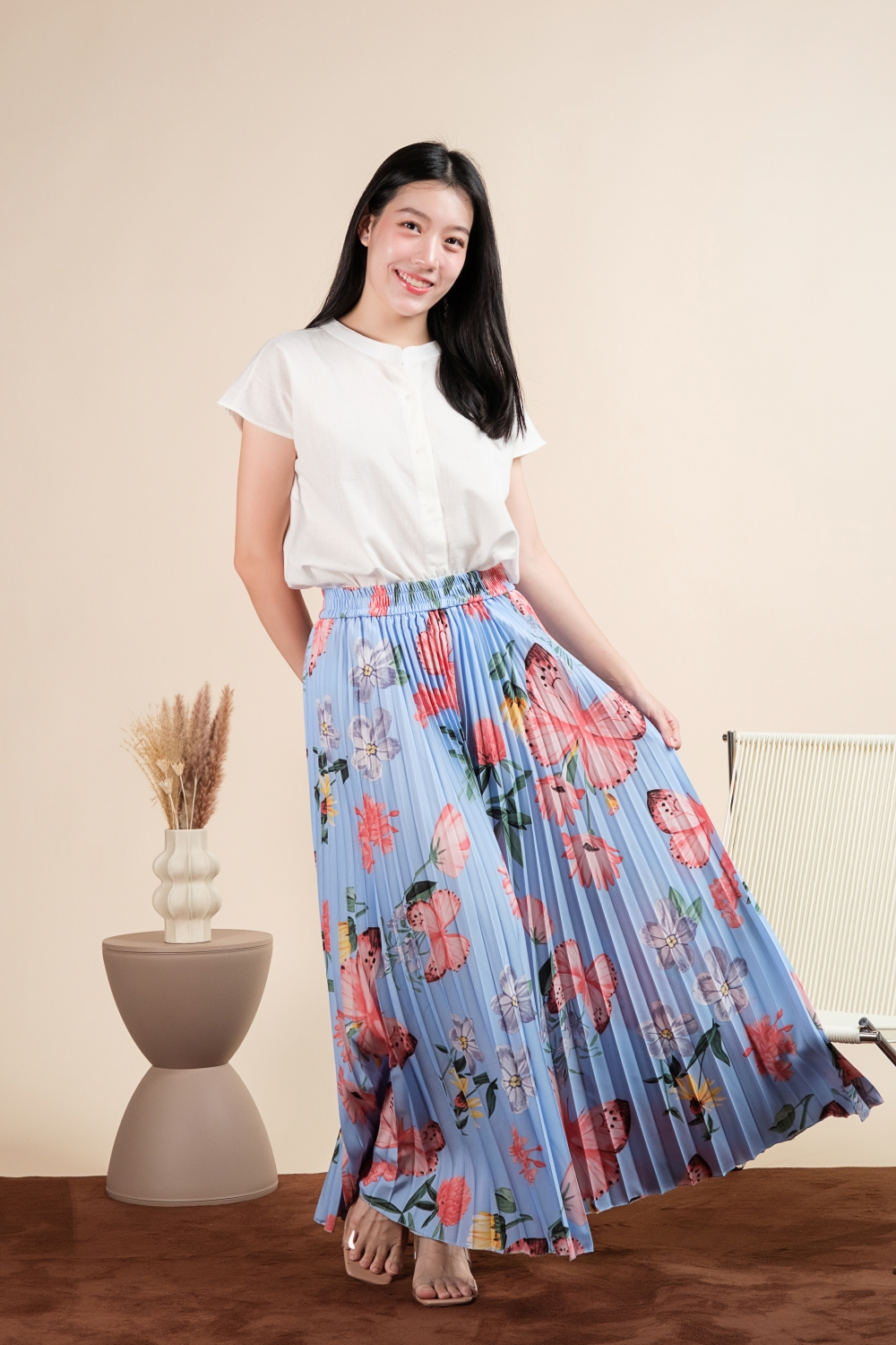 Butterfly Print Pleated Pants - Blue - Image 3