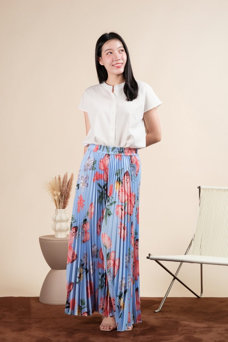 Butterfly Print Pleated Pants - Blue - Image 4
