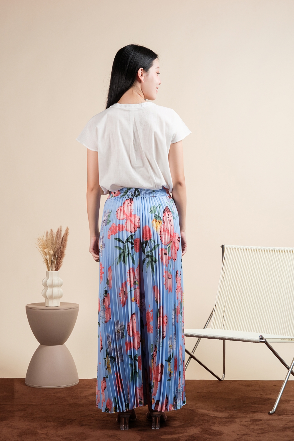 Butterfly Print Pleated Pants - Blue - Image 7