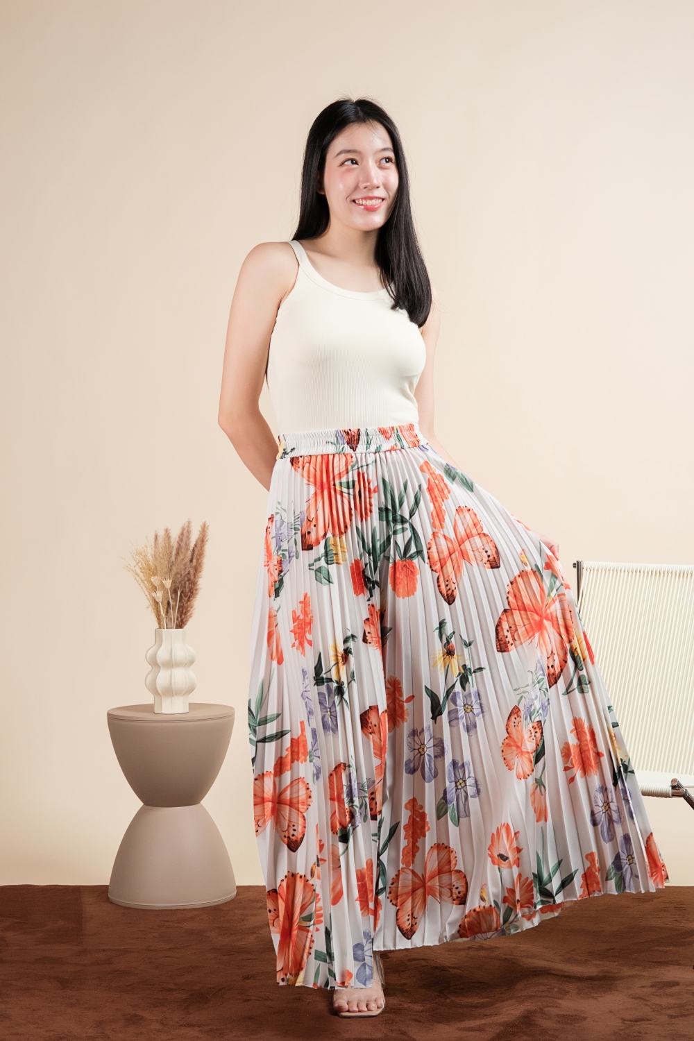 Butterfly Print Pleated Pants - Orange