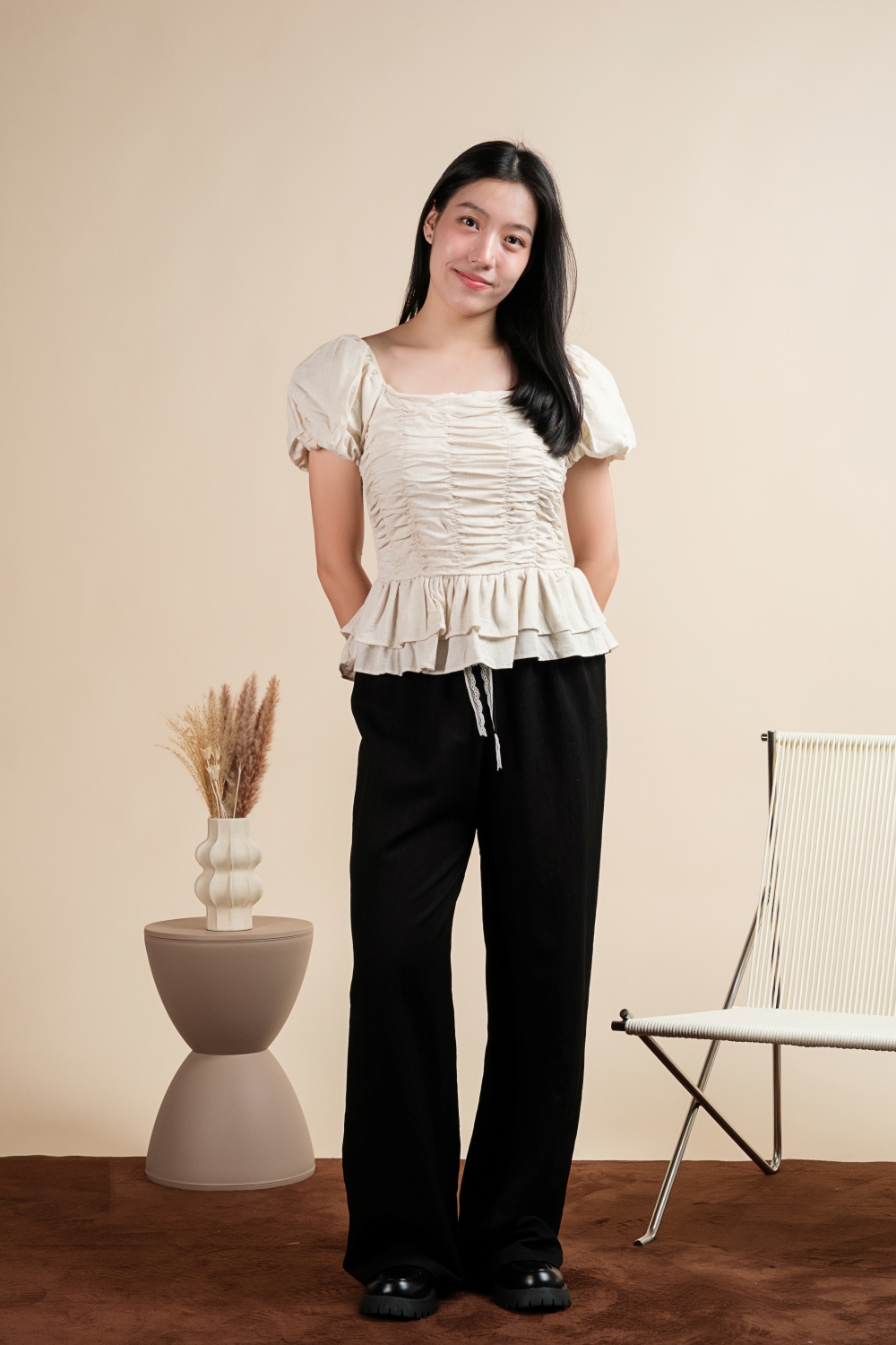 Puff Sleeve Scrunchy Top - Beige - Image 2