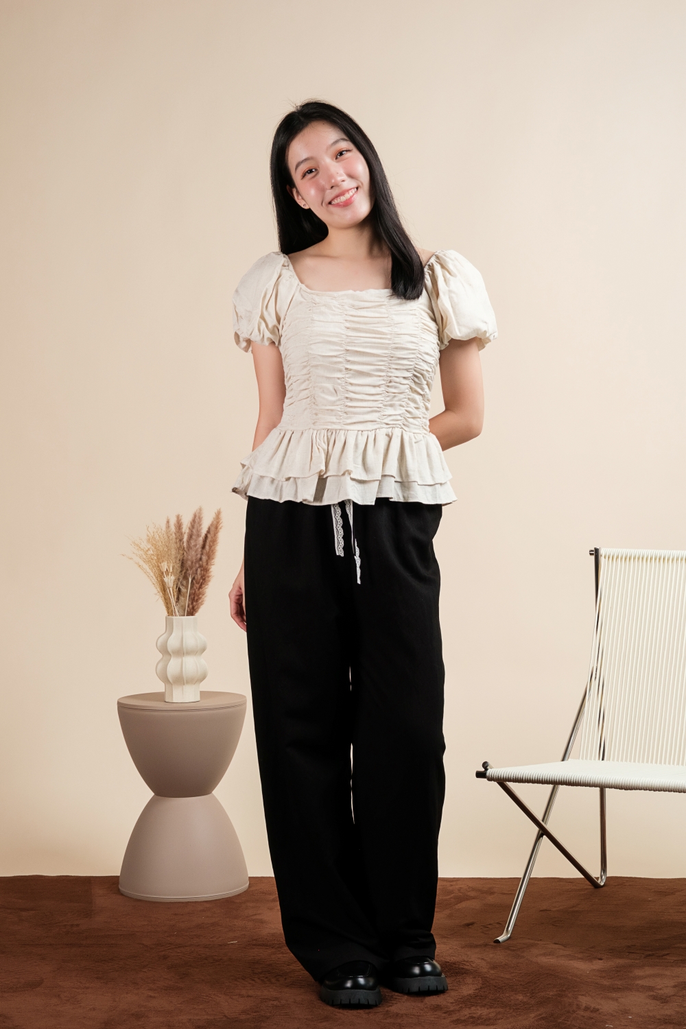 Puff Sleeve Scrunchy Top - Beige - Image 5
