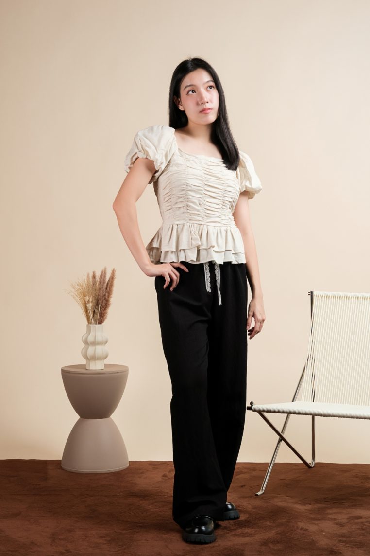 Puff Sleeve Scrunchy Top - Beige - Image 6