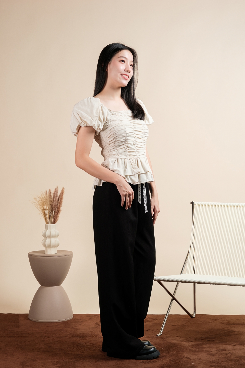 Puff Sleeve Scrunchy Top - Beige - Image 8
