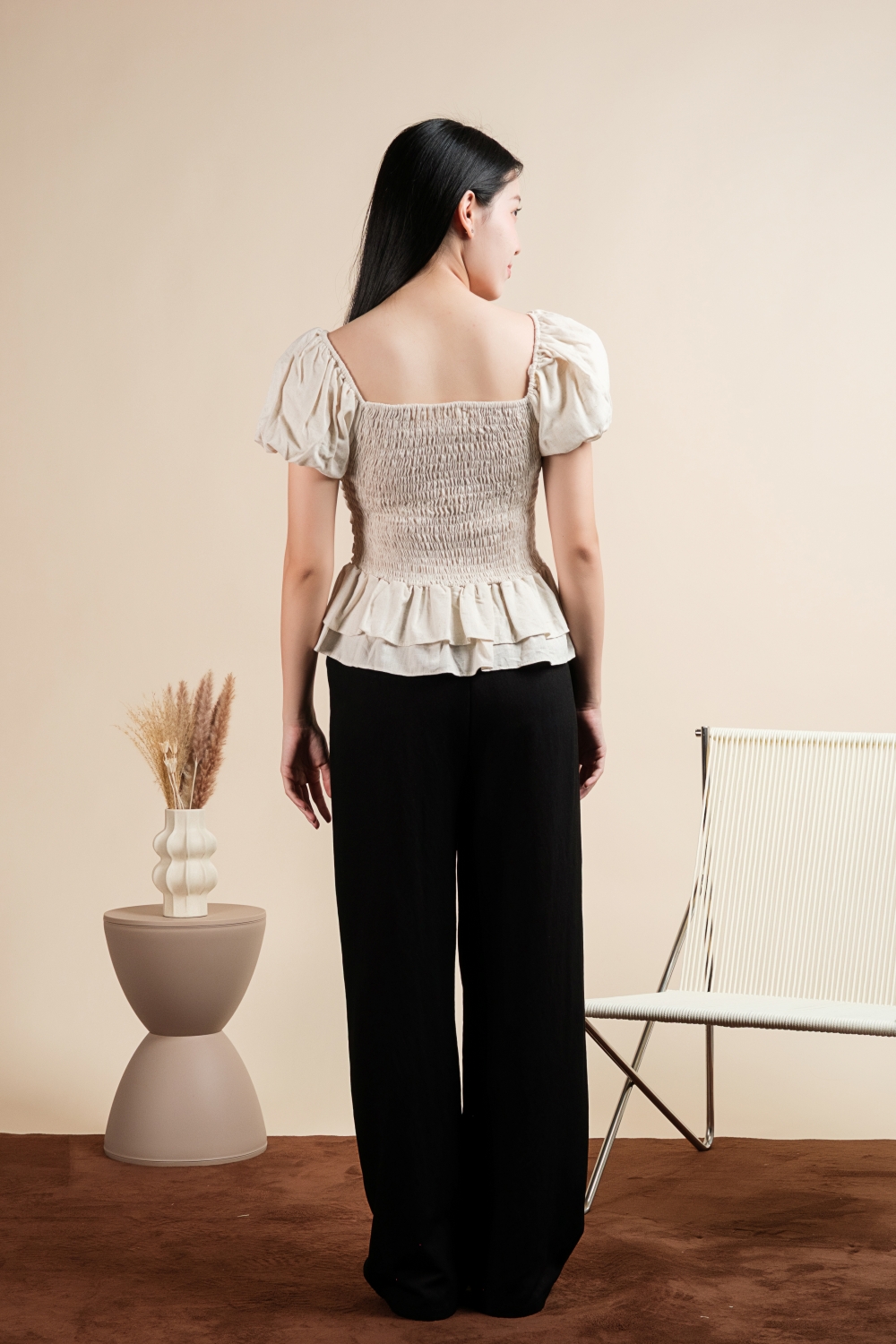 Puff Sleeve Scrunchy Top - Beige - Image 9
