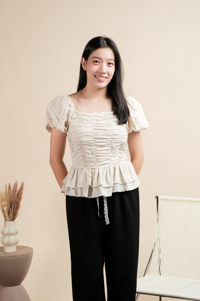 Puff Sleeve Scrunchy Top - Beige - Image 10
