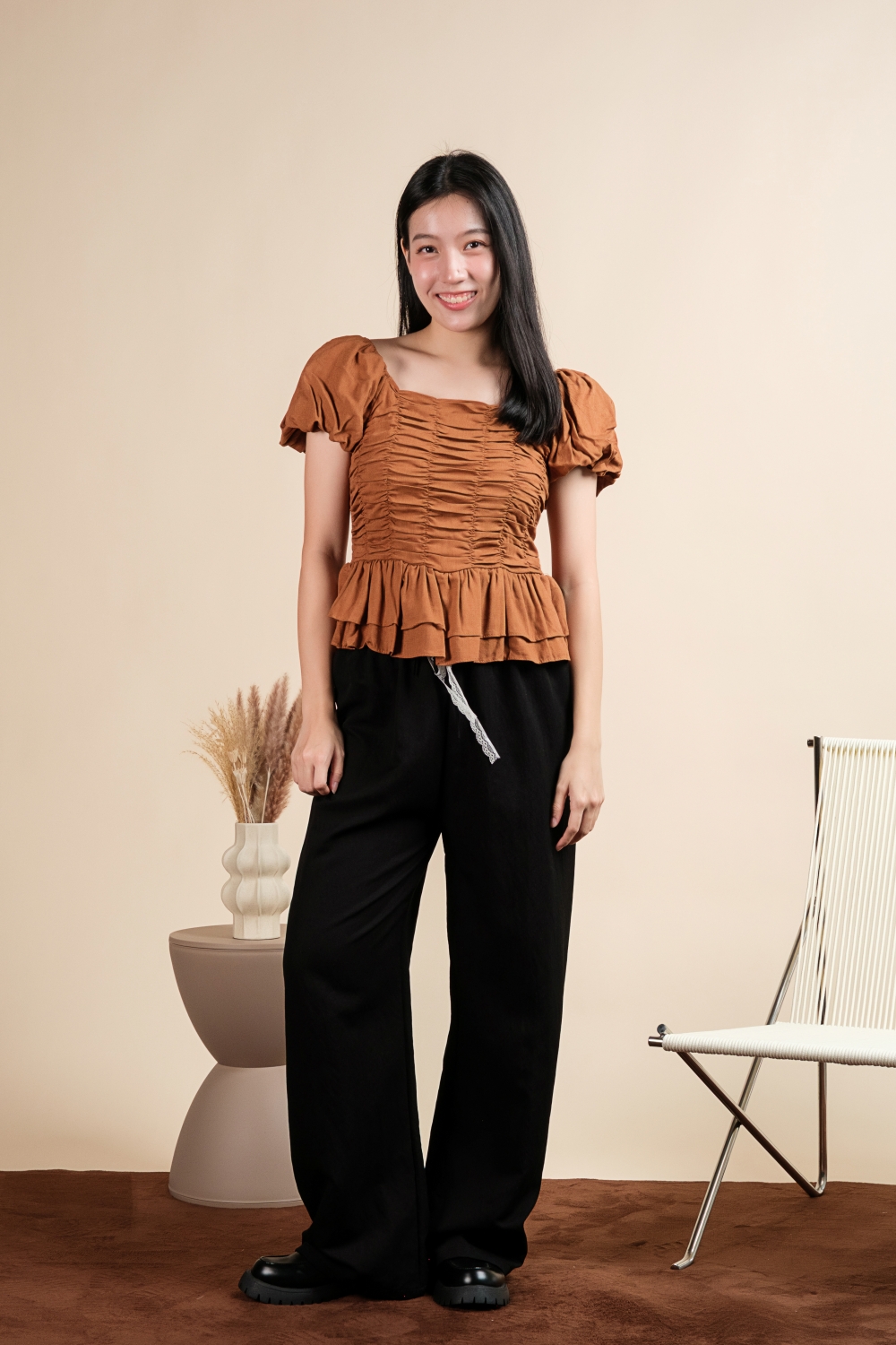 Puff Sleeve Scrunchy Top - Burnt Orange - Image 3