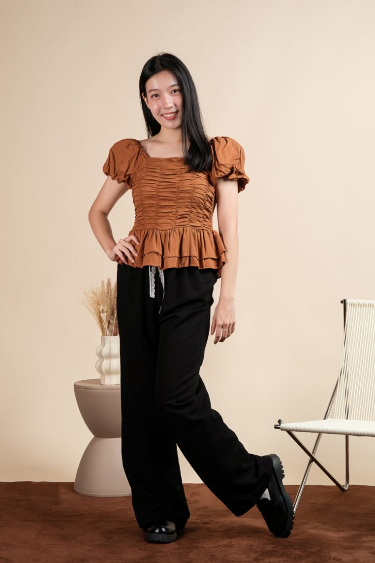 Puff Sleeve Scrunchy Top - Burnt Orange - Image 5
