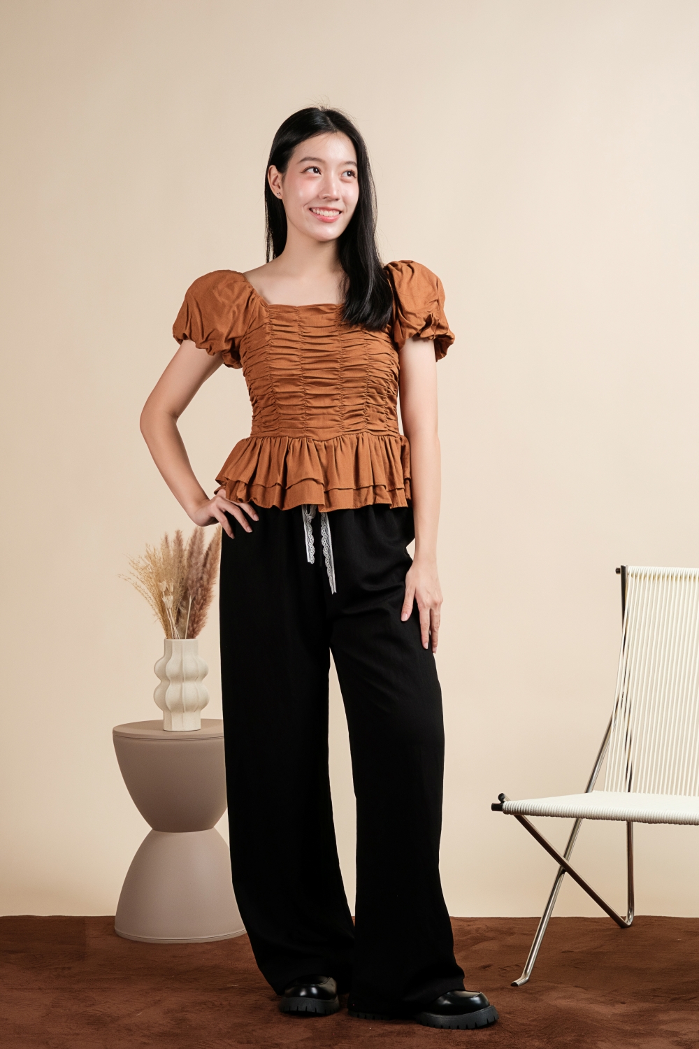Puff Sleeve Scrunchy Top - Burnt Orange - Image 6