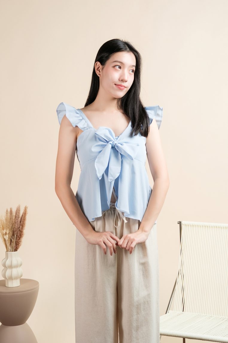 Padded Bow Front Ruffle Blouse - Blue - Image 11