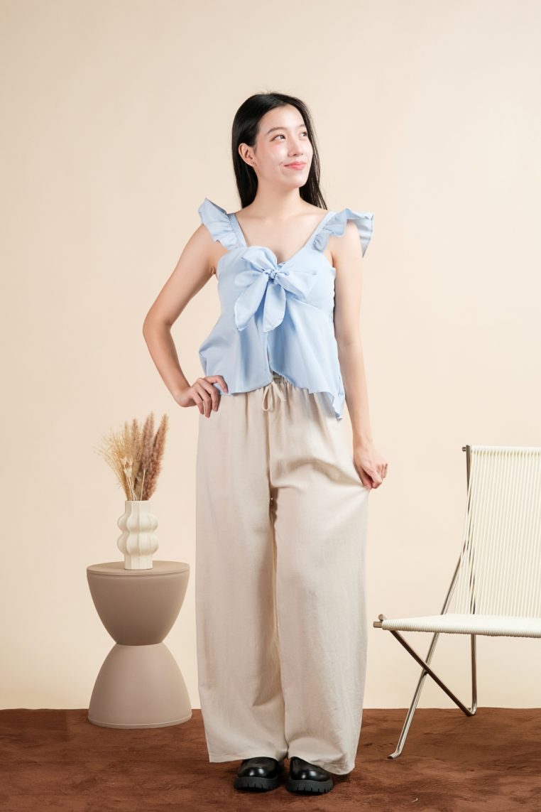 Padded Bow Front Ruffle Blouse - Blue - Image 3