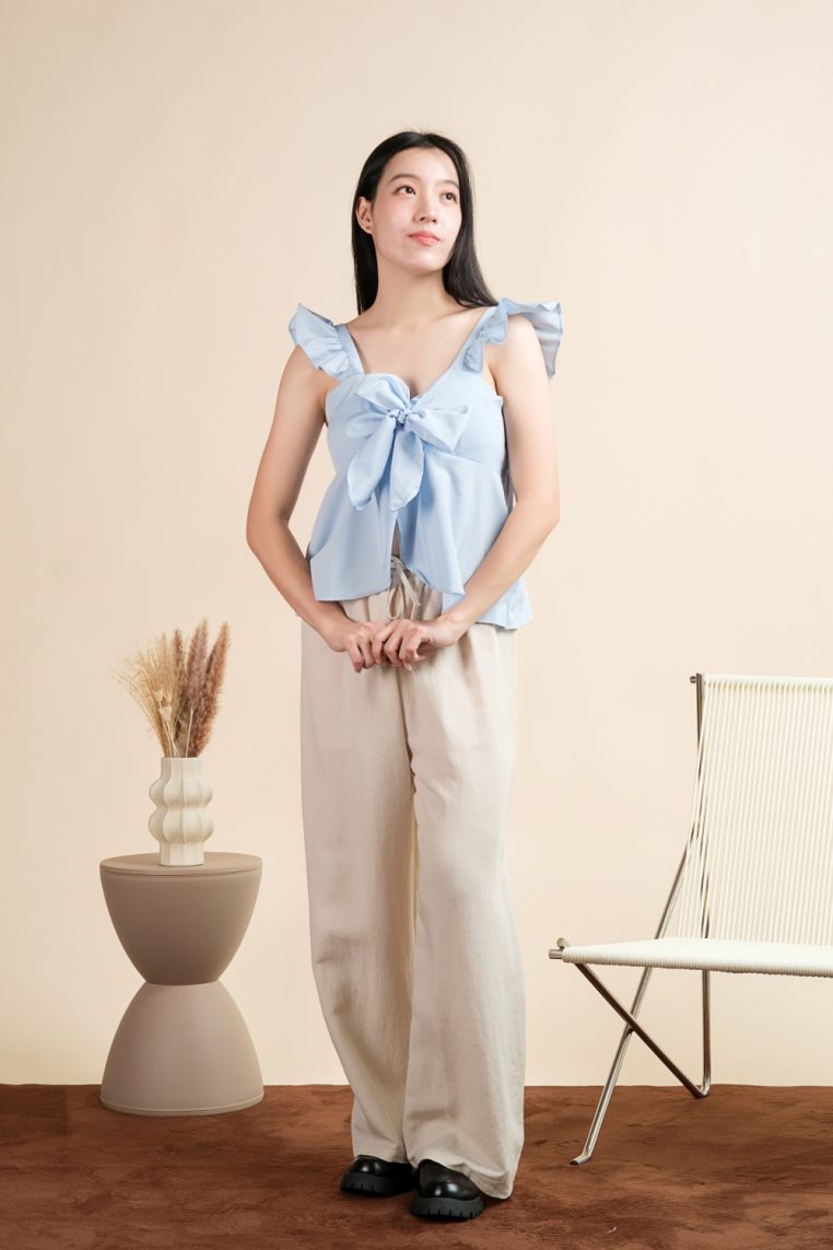 Padded Bow Front Ruffle Blouse - Blue - Image 5