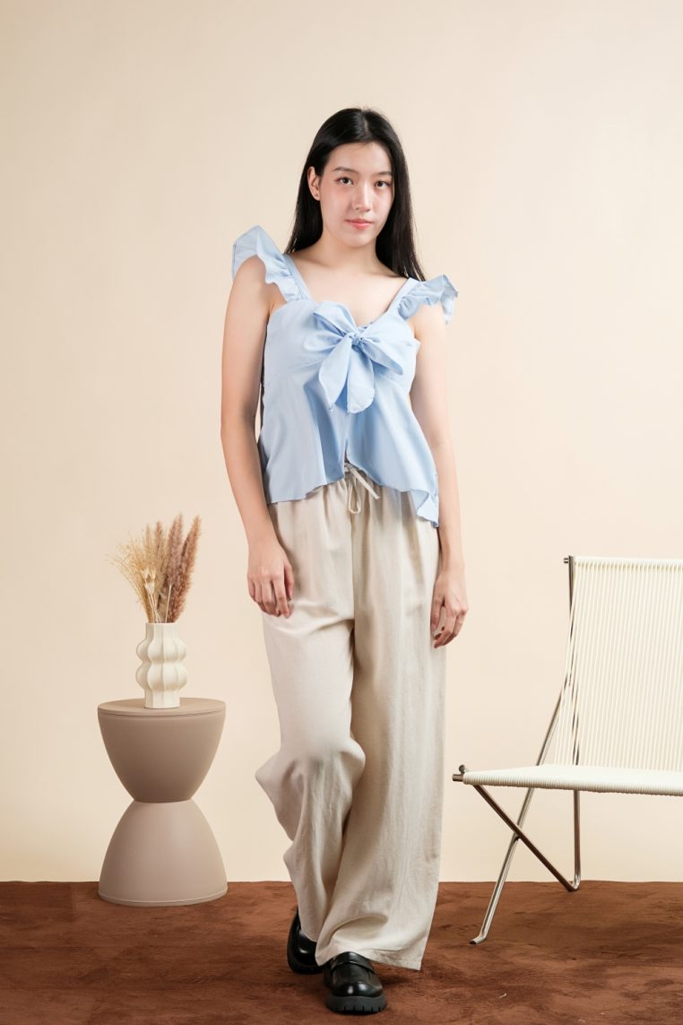 Padded Bow Front Ruffle Blouse - Blue - Image 6
