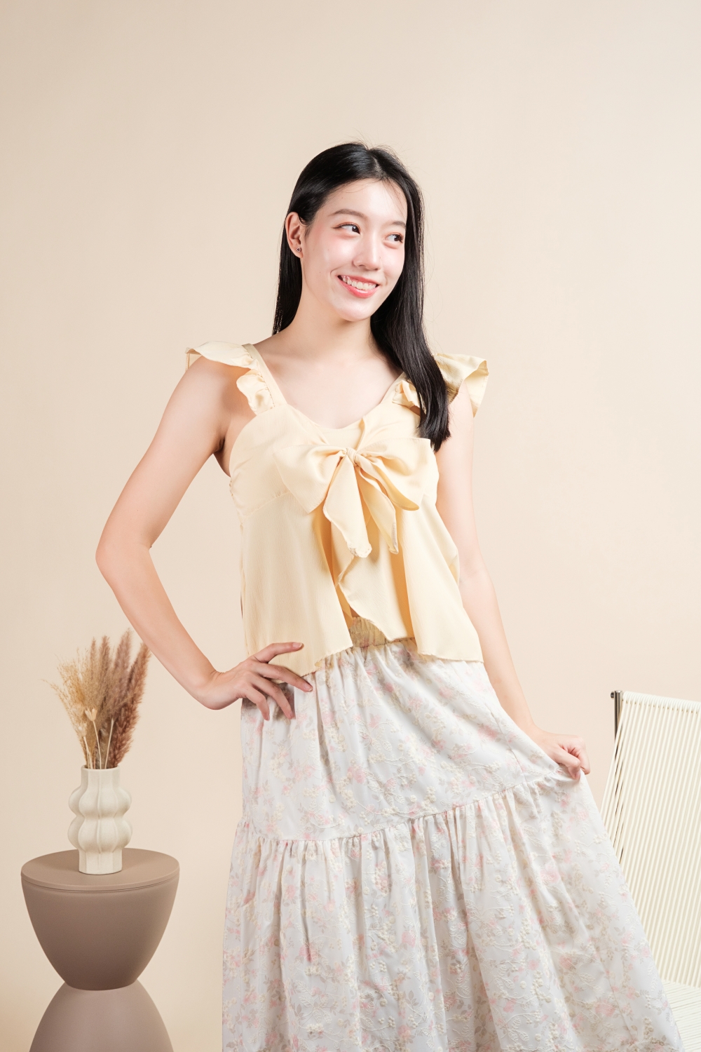Padded Bow Front Ruffle Blouse - Pale Yellow