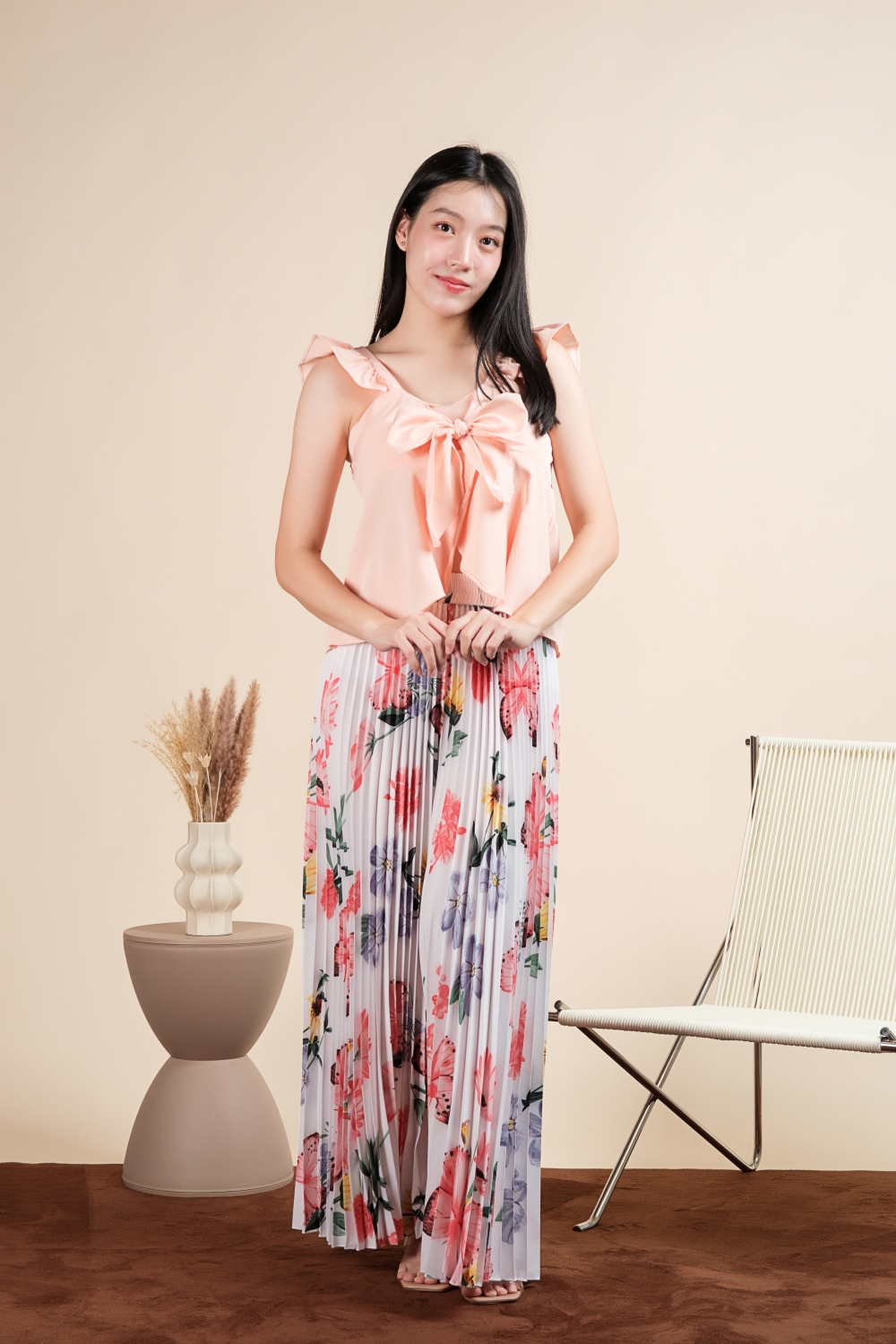 Padded Bow Front Ruffle Blouse - Peach